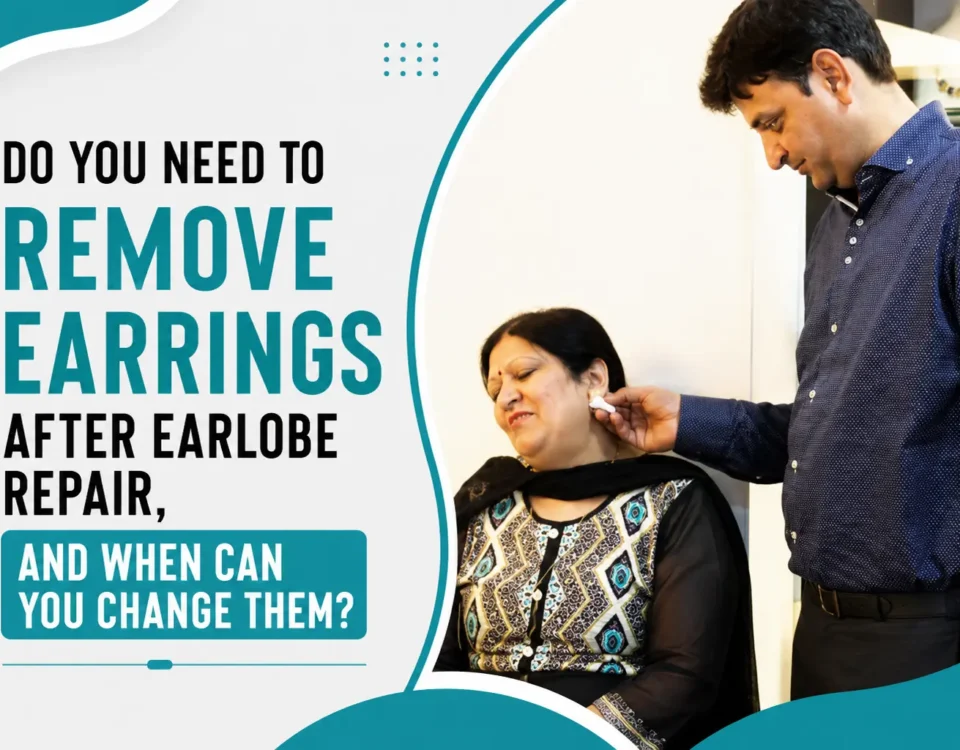 Do You Need to Remove Earrings After Earlobe Repair? A man gently examines a woman’s earlobe while she sits comfortably, focusing on post-repair earring care.