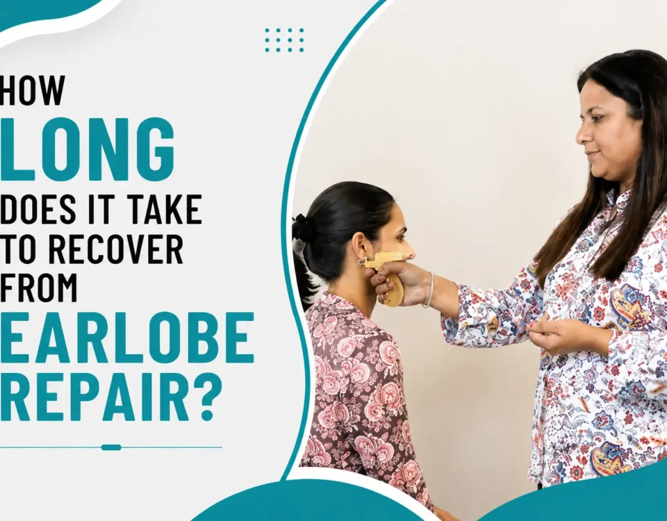How Long Does It Take to Recover From Earlobe Repair? A woman gently examines another woman’s earlobe in a professional setting.