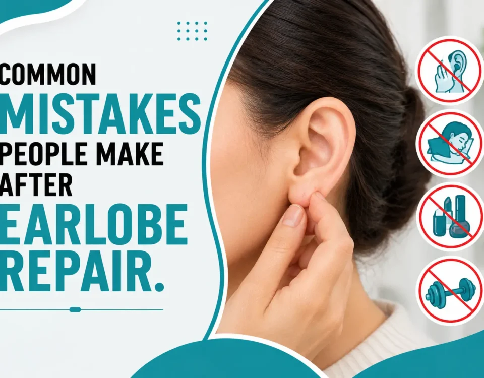 Common mistakes after earlobe repair showing a healing earlobe with surgical stitches