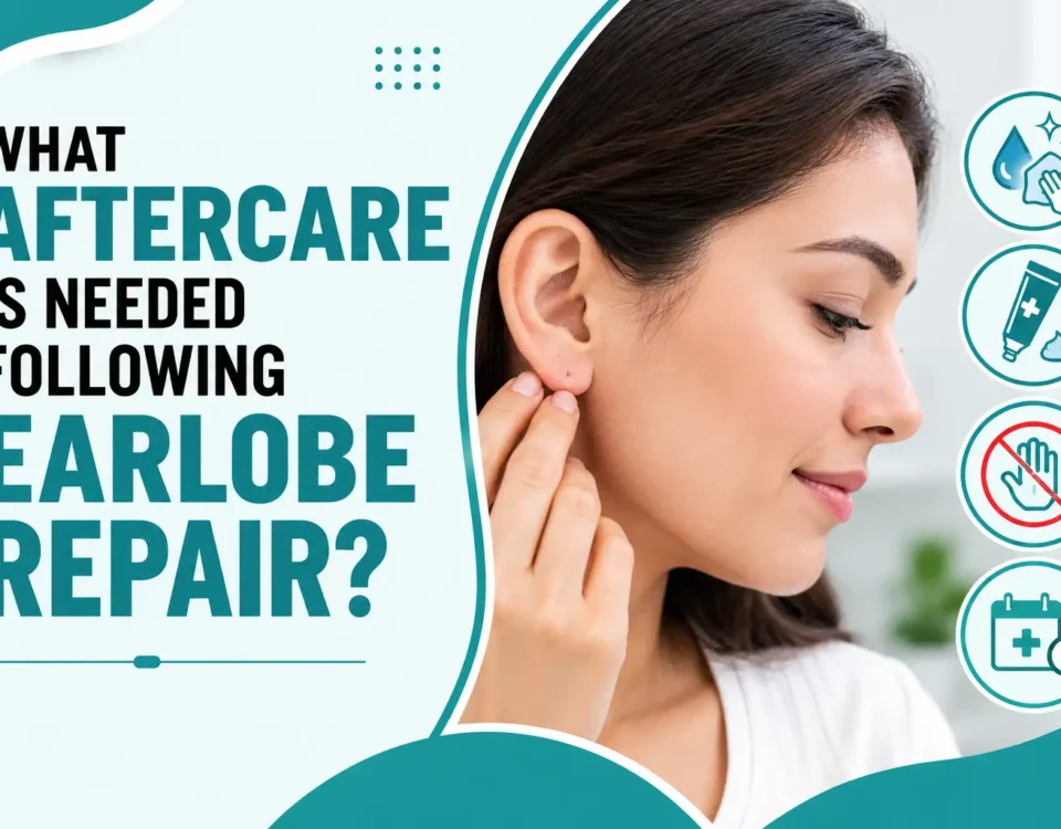 Aftercare following earlobe repair showing a healing ear with post procedure care guidance