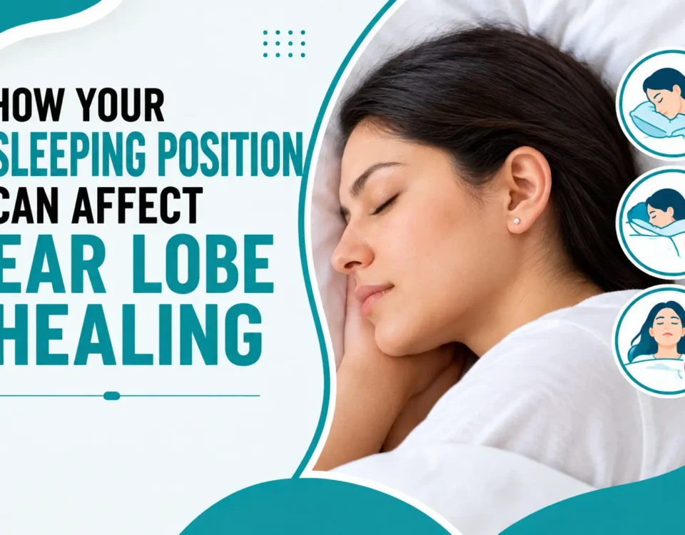 Woman sleeping on her side with illustrations showing sleeping positions that may affect ear lobe healing