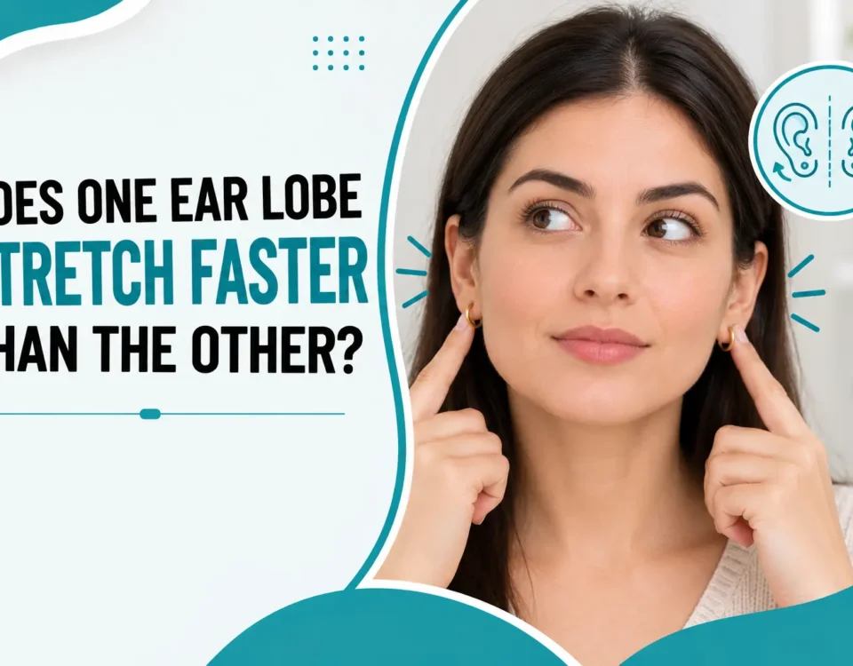 Does one earlobe stretch faster than the other? Illustration showing a woman comparing both earlobes with earrings