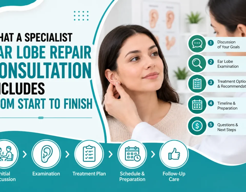 Ear lobe repair consultation showing examination, treatment planning, and follow-up care with a specialist.