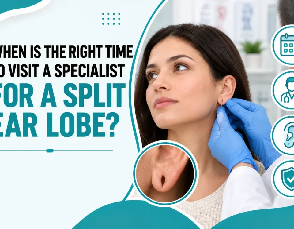 Specialist for a Split Ear Lobe examining a patient's earlobe during a medical consultation to assess the tear and determine suitable treatment.