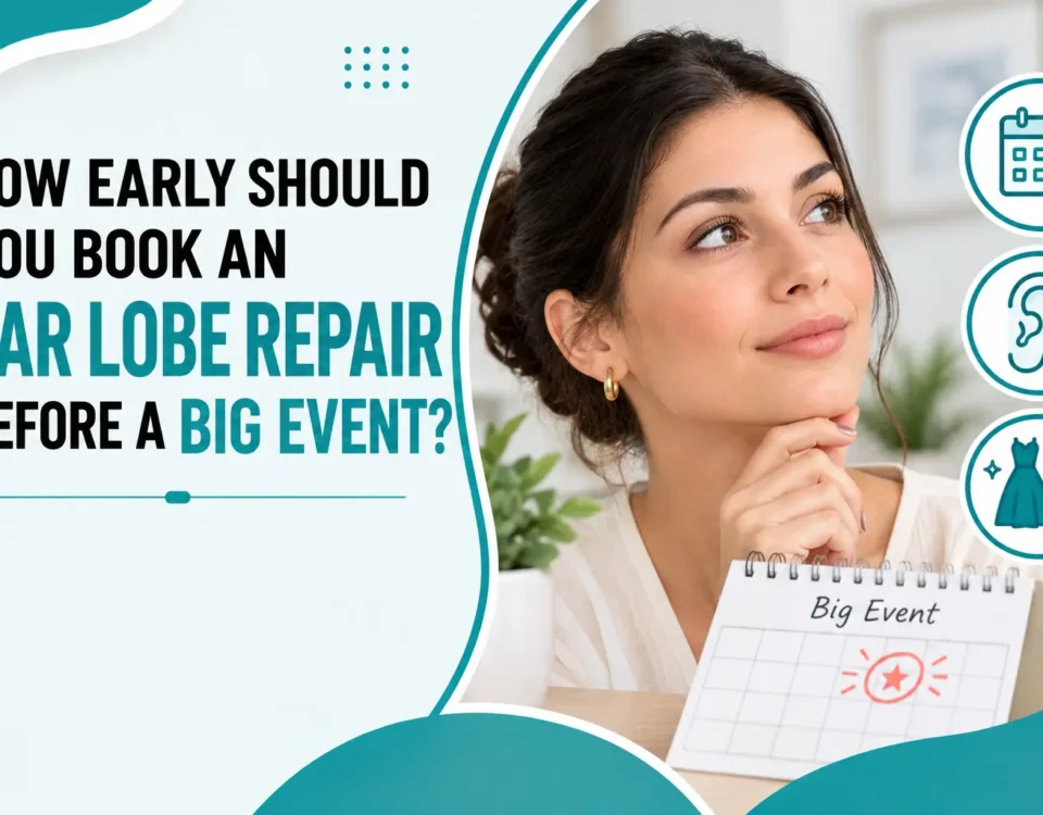 How early to book an ear lobe repair before a big event, featuring a woman planning her appointment with a calendar.